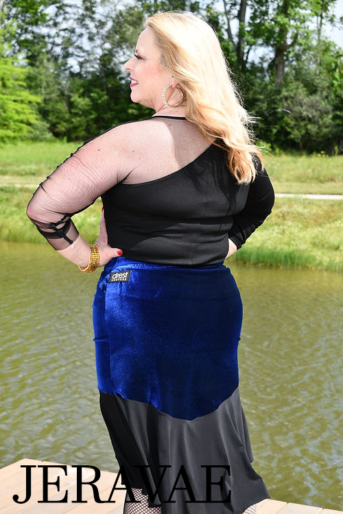 Body Positive Drest Couture Blue Stretch Velvet and Black Latin Practice Skirt with Ruching in Center US Size 16-30 PRA 1034 in Stock