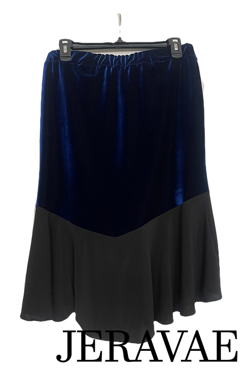 Body Positive Drest Couture Blue Stretch Velvet and Black Latin Practice Skirt with Ruching in Center US Size 16-30 PRA 1034 in Stock