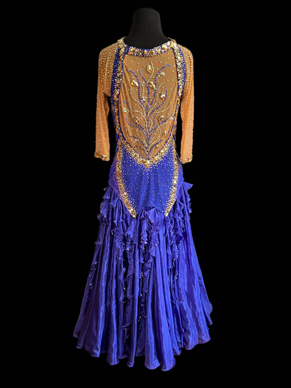 Resale Artistry in Motion Cobalt Smooth Ballroom Dress with Gold Swarovski Stones, Bugle Beads, and Ruffles on Skirt Sz M Smo163