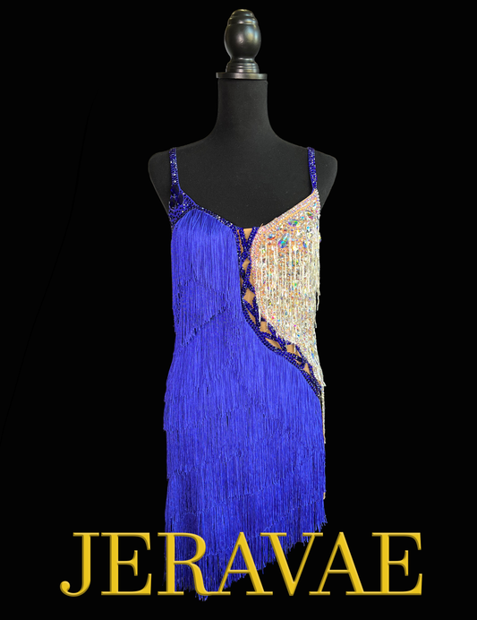 Resale Artistry in Motion Sleeveless Latin Dress with Cobalt Rows of Fringe and Tan Side with Broken Glass Effect Sz M Lat402