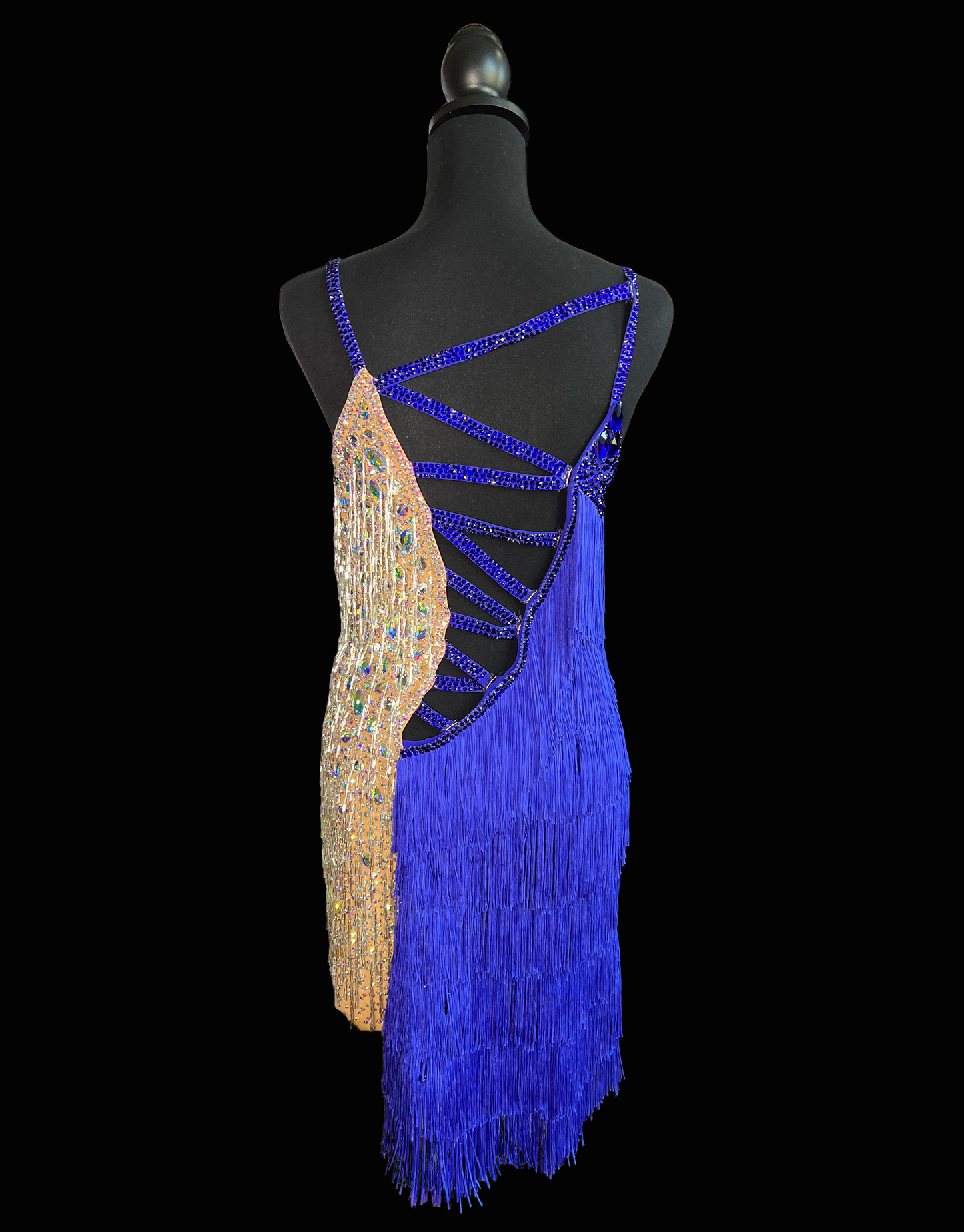 Resale Artistry in Motion Sleeveless Latin Dress with Cobalt Rows of Fringe and Tan Side with Broken Glass Effect Sz M Lat402