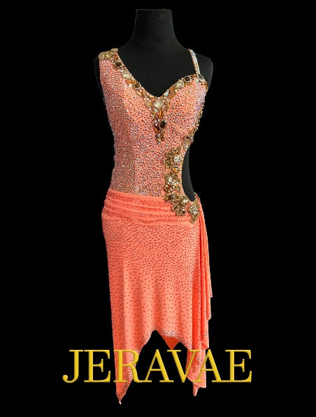 Resale Artistry in Motion Light Coral Latin Dress with Brown Lace Appliqué, Ruching at Hips, and Side Cut Out Sz S Lat225