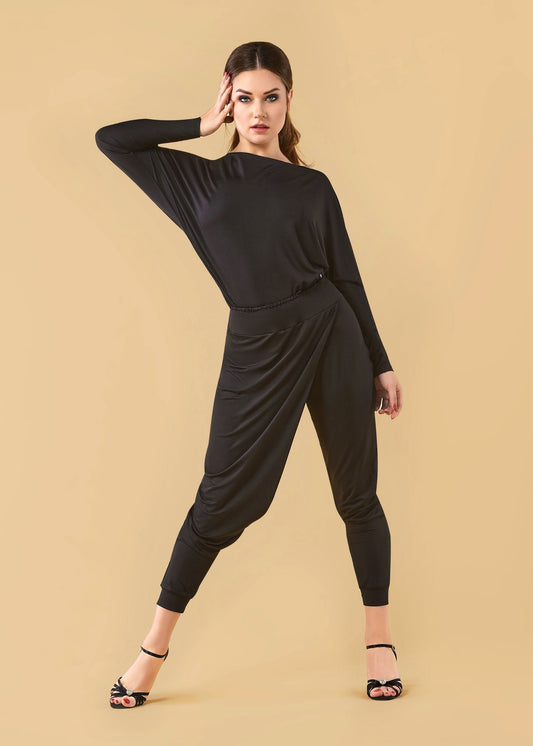 Grand Prix One Piece Black Jumpsuit with Long Bat Sleeves and Asymmetrical Pants for Girls and Women PRA 1039 in Stock