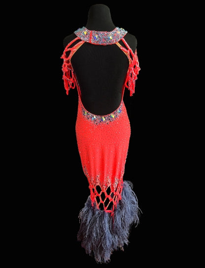 Resale Artistry in Motion Coral Latin Dress with Interwoven Straps, Hematite Boas, and Open Back Sz S Lat226
