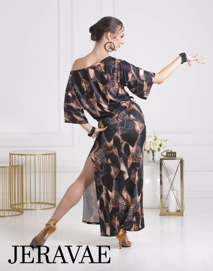 Senga Dancewear DAHLIA Geometric Print Latin Practice Dress with Asymmetrical Neckline and Side Slit PRA 1067 in Stock