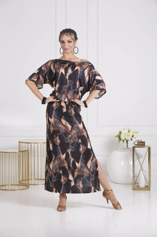 Senga Dancewear DAHLIA Geometric Print Latin Practice Dress with Side Slit Sizes XL-4XL PRA 1067 in Stock