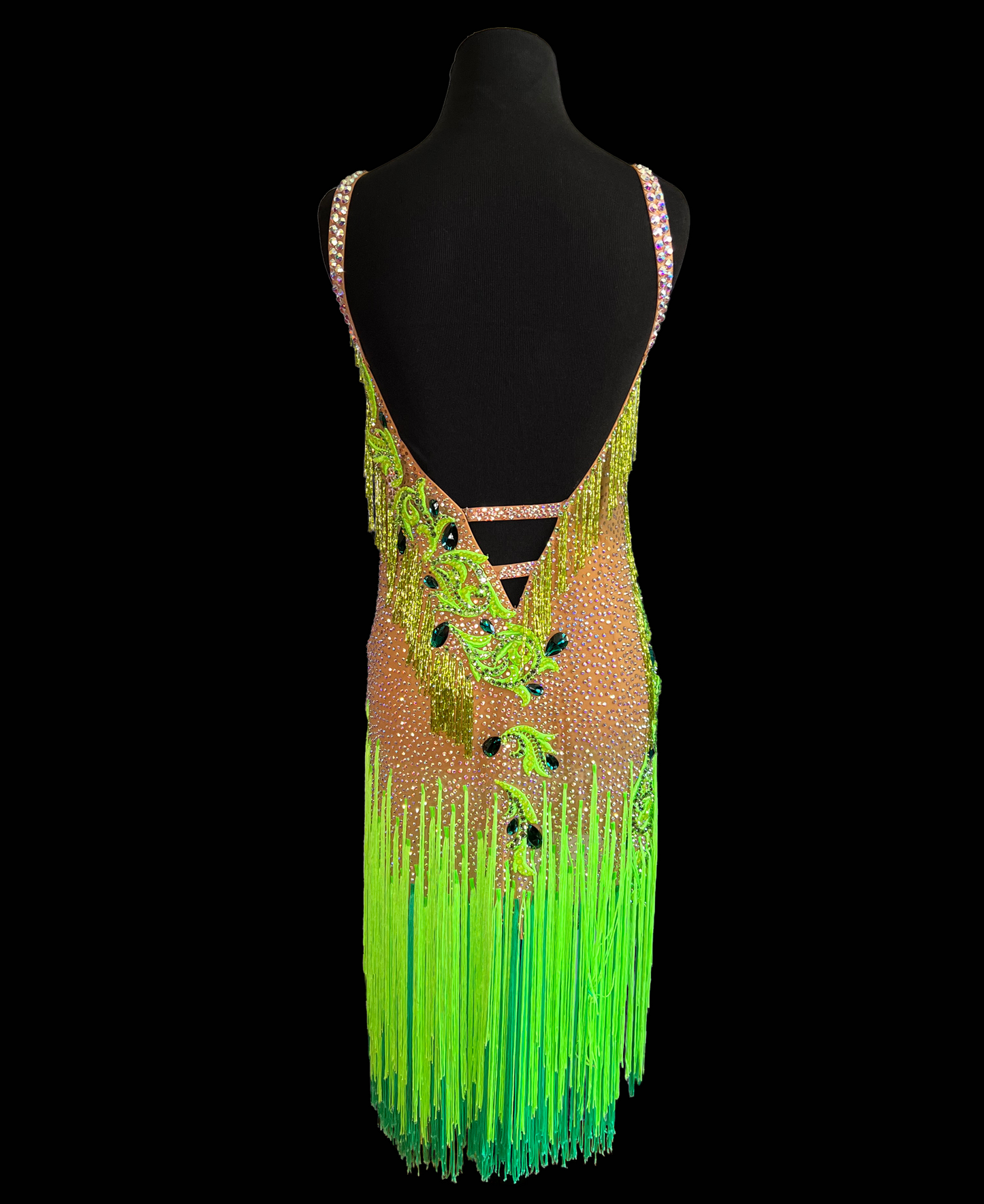 Resale Artistry in Motion Sleeveless Nude Mesh Latin Dress with Lime Green Lace Appliqué, Bugle Beads, and Fringe Sz S Lat234