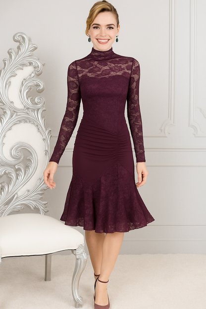 Dance America High Collar Latin Practice Dress with Lace Sleeves and Skirt D911_SALE