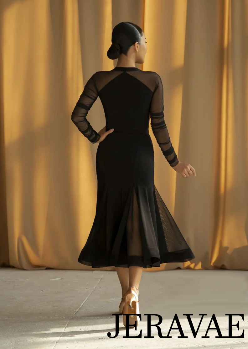 Tea length black dress with fitted hips and mesh details for ballroom dance