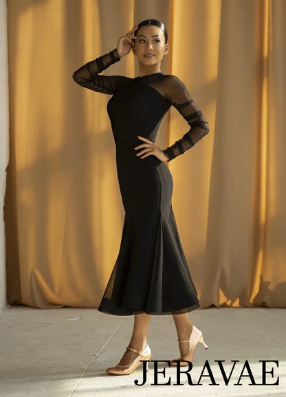 mesh sleeves on black ballroom dress with fitted hips