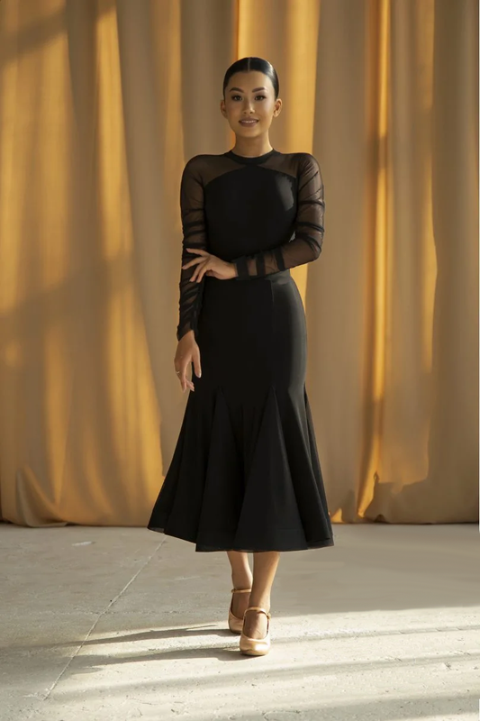 wrapped horsehair hem and fitted hips on black ballroom dress with mesh details