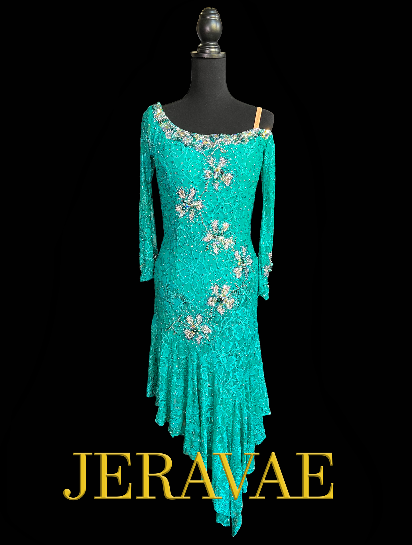 Resale Artistry in Motion Jade Lace Latin Dress with Asymmetrical Neckline and Long Sleeves Sz M Lat401
