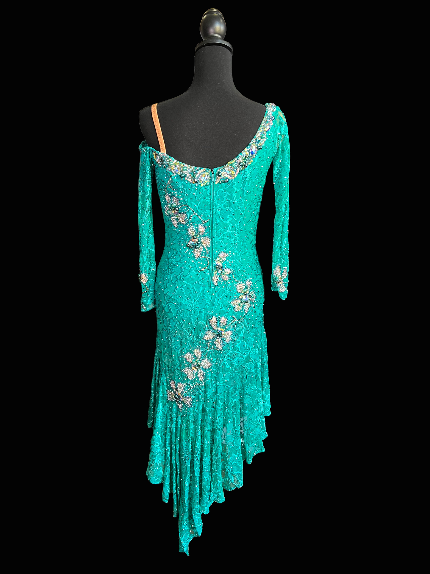 Resale Artistry in Motion Jade Lace Latin Dress with Asymmetrical Neckline and Long Sleeves Sz M Lat401