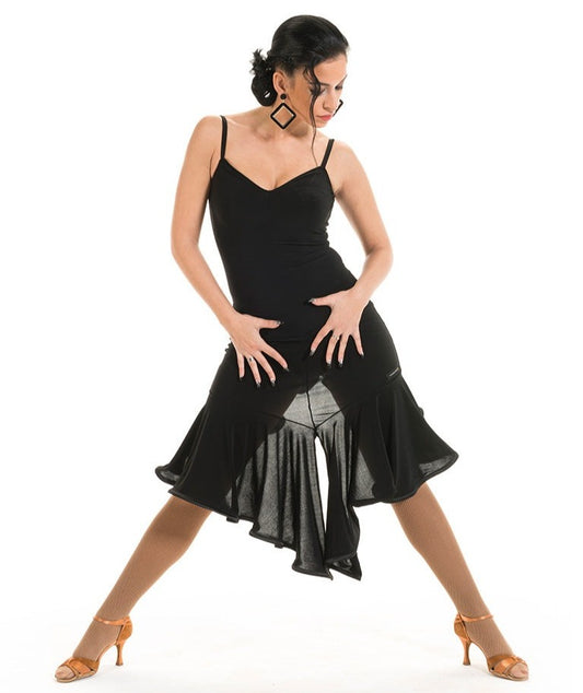 Victoria Blitz Sleeveless Black Latin Practice Dress with V-Neckline and Asymmetrical Hemline PRA 1010 in Stock