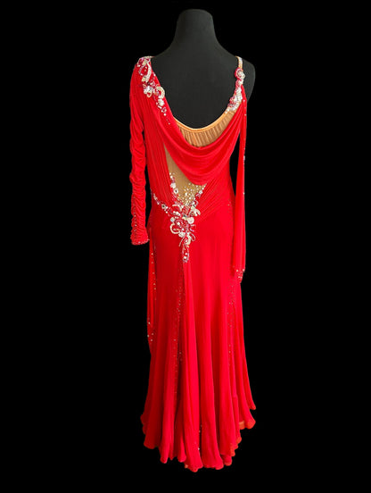 Red Ballroom Dress with One Long Sleeve, One Sash/Float Sleeve, and Nude Mesh Accents Sz M Smo155