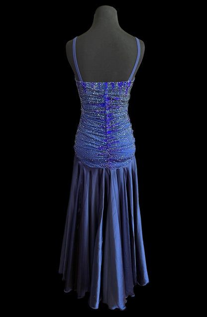 Sleeveless Navy Blue Smooth Ballroom Dress with Ruching, Heavily Stoned Bodice, and Satin Skirt Sz S Smo152