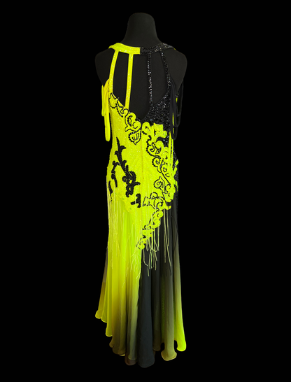 Resale Artistry in Motion Chartreuse and Black Smooth Ballroom Dress with Lace Appliqué, Fringe, and Ombre Skirt Sz XL/2XL Smo165