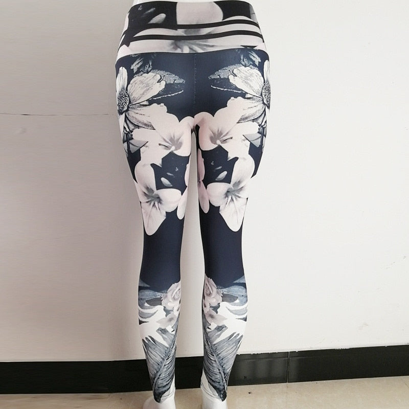 Blue Gray Leggings with Lined Waistband and Large White Flower Print B –  Jeravae