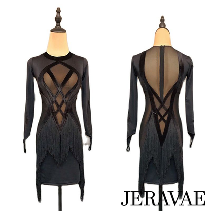 Long Sleeve Latin Practice Dress with Mesh Cutouts, Nude Lining, Fringe, and Satin Details PRA 668_sale