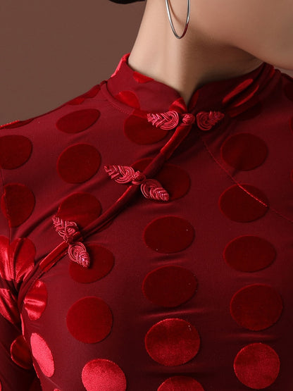 Velvet Polka Dot Red Latin Practice Dress with Slit in Skirt and Open Back PRA 756_sale
