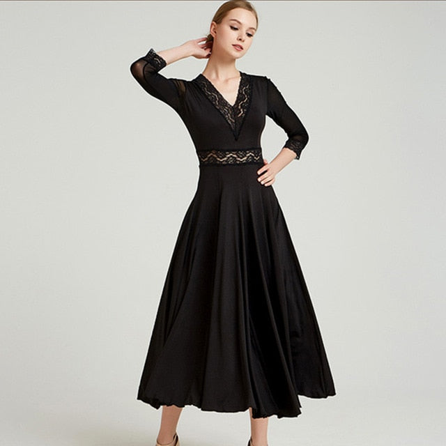 Tea Length Black Ballroom Dress with Waist Lace Accent PRA 072_sale