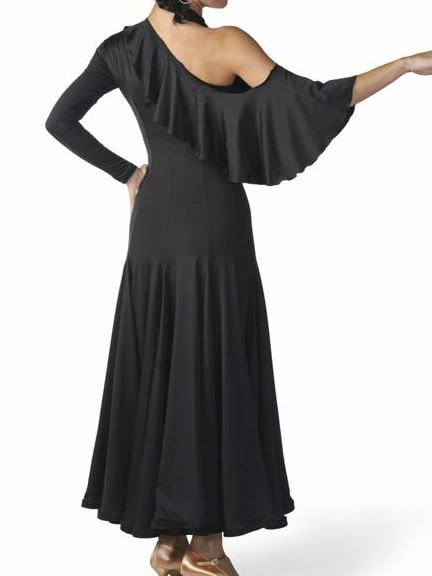 Long Black Lycra Ballroom Practice Dress with One Ruffle Sash off Shoulder PRA 051_SALE