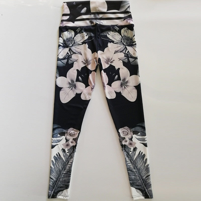 White floral print on ladies' workout and exercise leggings