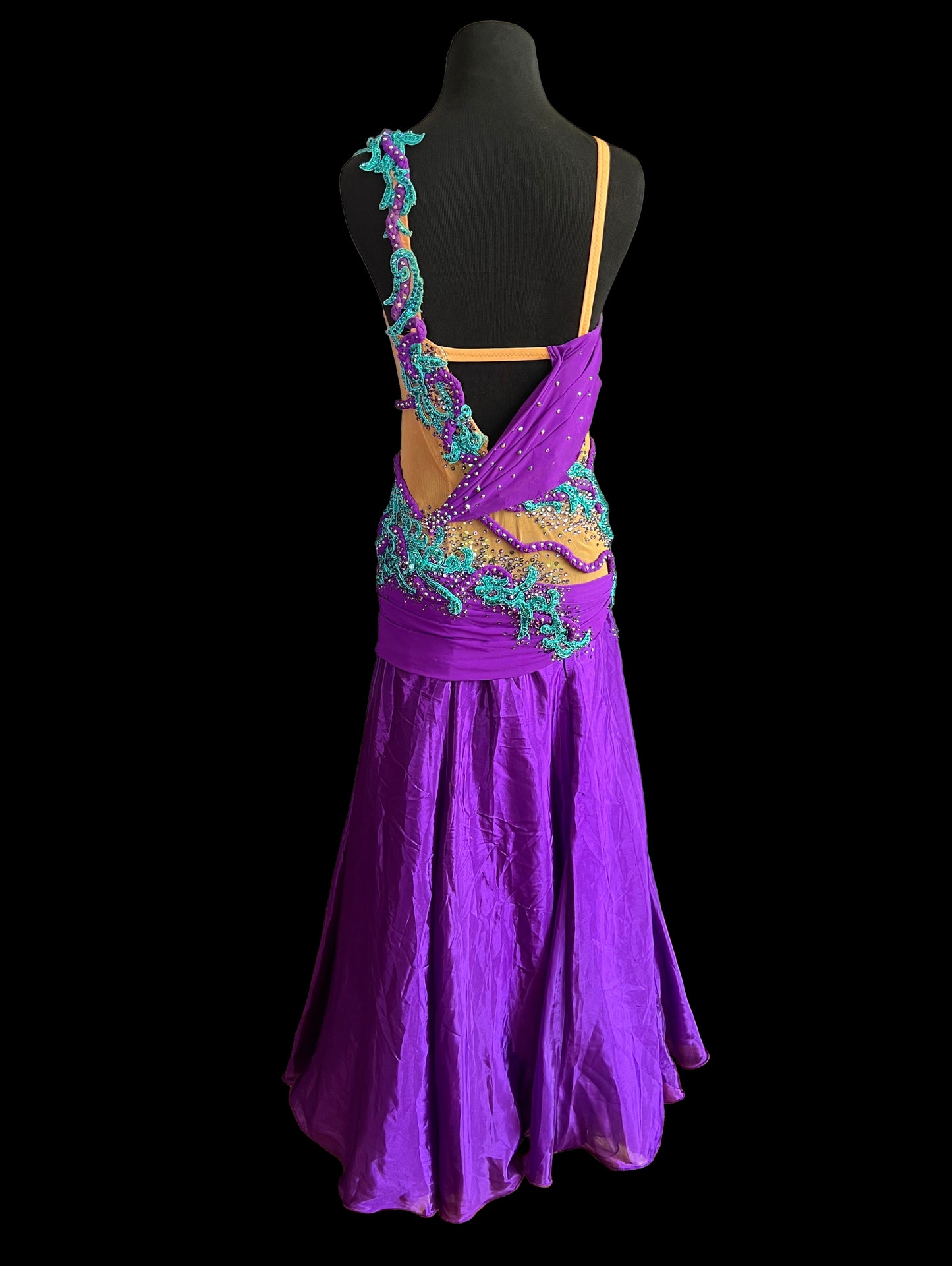 Resale Artistry in Motion Smooth or Standard Purple Ballroom Dress with Turquoise Lace Appliqué and Detachable Float Sz S Smo151