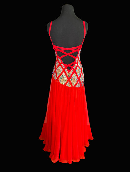 Resale Artistry in Motion Sleeveless Red Smooth Ballroom Dress with AB Broken Glass Effect Sz S Smo157