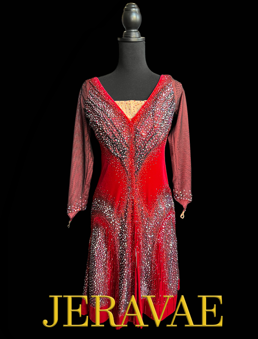 Resale Artistry in Motion Long Sleeve Red Velvet Latin Dress with AB Stones and Light Siam Sz M Lat403