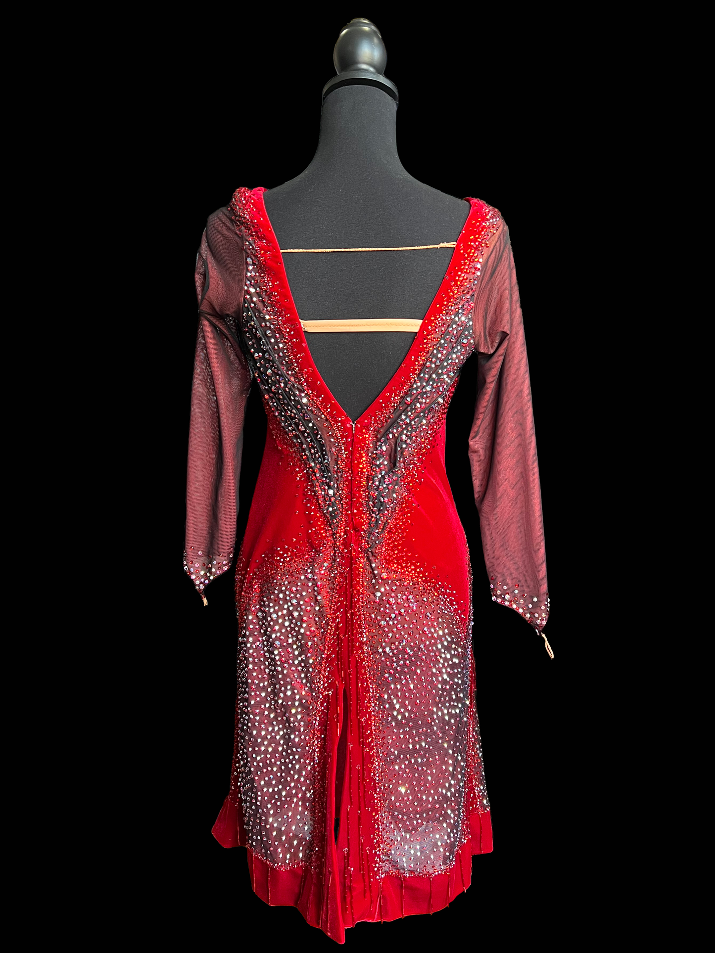 Resale Artistry in Motion Long Sleeve Red Velvet Latin Dress with AB Stones and Light Siam Sz M Lat403