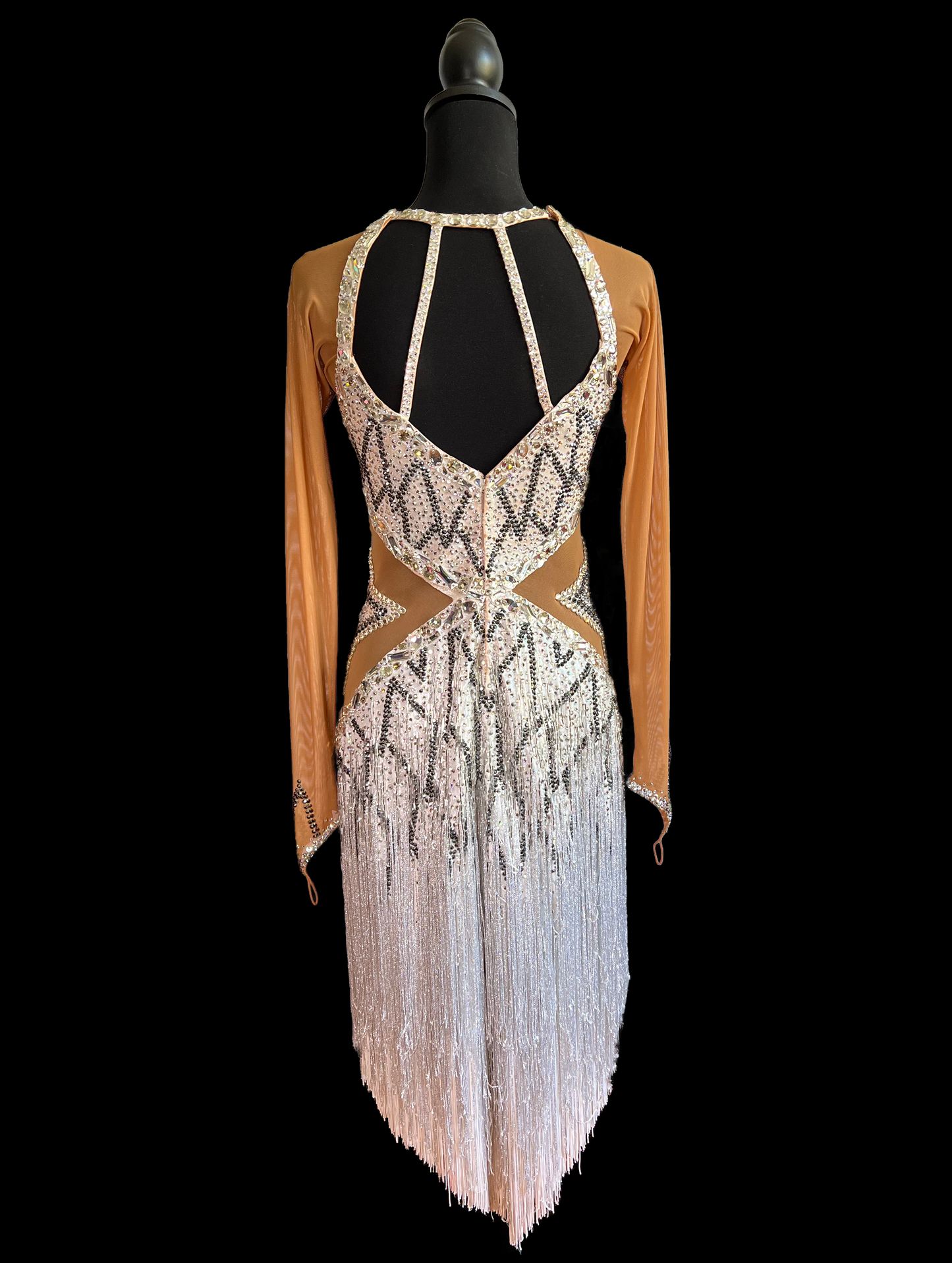 Resale Artistry in Motion Silver Latin Dress with Long Mesh Sleeves, Fringe Skirt, and Cross Straps Sz US 12-18 Lat400
