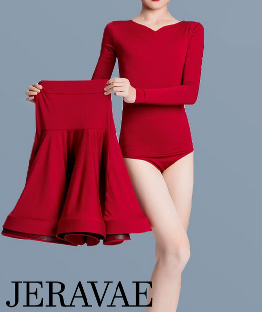 Girl's Wine Red Two Piece Practice or Competition Bodysuit and Latin Skirt with Long Sleeves You034 in Stock