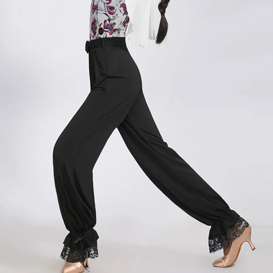Soft and Stretchy Women's Black Practice or Teaching Dance Pants with Lace Hem, Cinchable Ankle Ties, and Tie Belt PRA 1077 in Stock