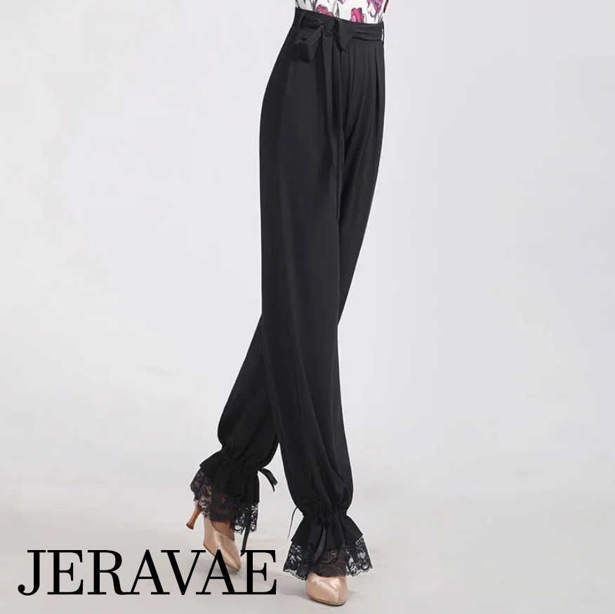 Soft and Stretchy Women's Black Practice or Teaching Dance Pants with Lace Hem, Cinchable Ankle Ties, and Tie Belt PRA 1077 in Stock