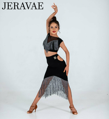 Sirius Practice Dance Wear Women's Short Sleeve Black Mesh Crop Top with Gold or Silver Tinsel Shimmer Fringe PRA 874 In Stock