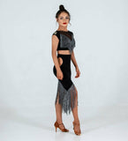 Sirius Practice Dance Wear Women's Short Sleeve Black Mesh Crop Top with Gold or Silver Tinsel Shimmer Fringe Pra874 In Stock