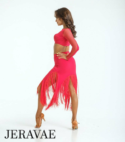 Sirius Practice Dance Wear Red Latin Skirt with Angle Cut Hem and Fringe PRA 843 in Stock