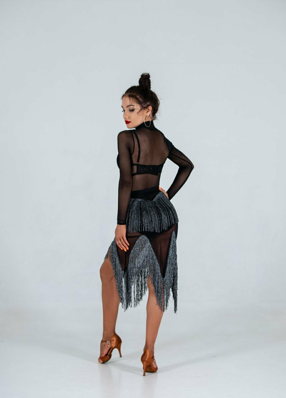 Sirius Practice Dance Wear Black Mesh Latin Skirt with Gold or Silver Tinsel Shimmer Fringe PRA 875 in Stock