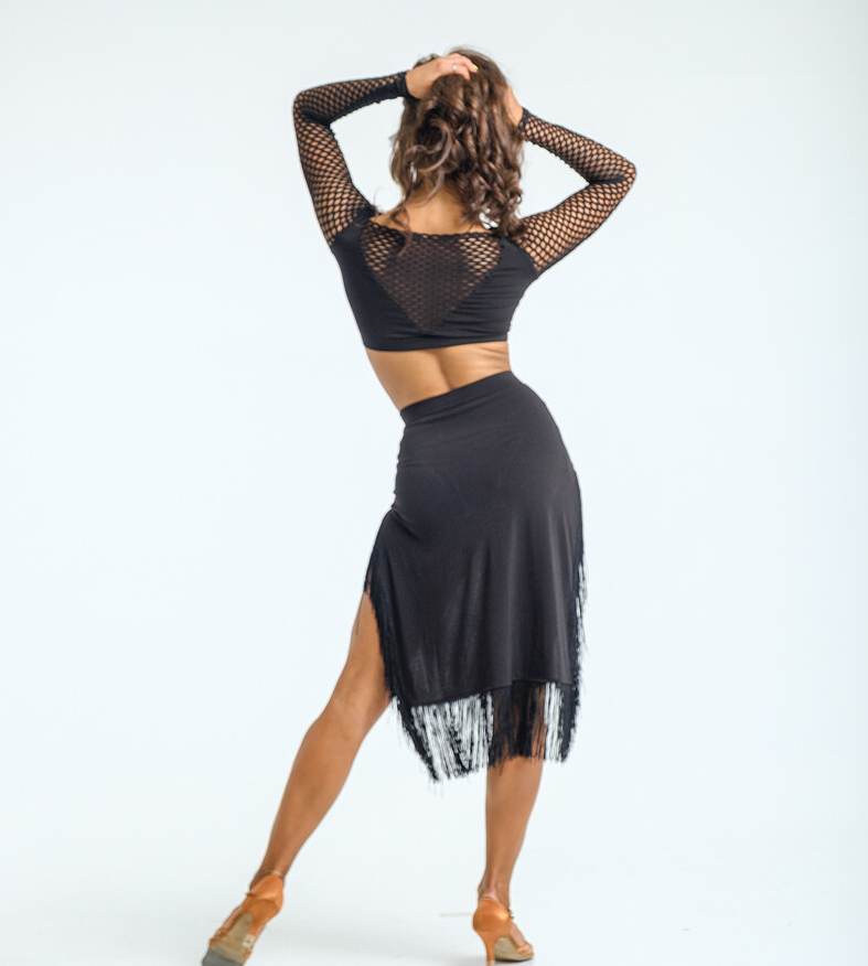 Sirius Practice Dance Wear Black Latin Skirt with Double Front Slit, Fringe, and Fishnet Inserts Over Nude Mesh PRA 841 in Stock