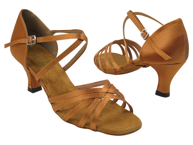 Very Fine 1613 Dark Tan Satin Latin Shoe with 2.5 Inch Heel and Double Cross Strap