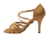 Very Fine 1613LEDSS Brown Satin Latin Shoe with Multiple Crossed Toe Straps and 3.5 Inch Stiletto Heel