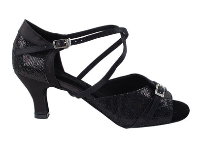 Very Fine 1637LEDSS Black Scale Black Stain Trim Latin Shoe with 2.5 Inch Heel and Front Buckle Strap