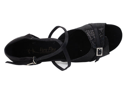 Very Fine 1637LEDSS Black Scale Black Stain Trim Latin Shoe with 2.5 Inch Heel and Front Buckle Strap