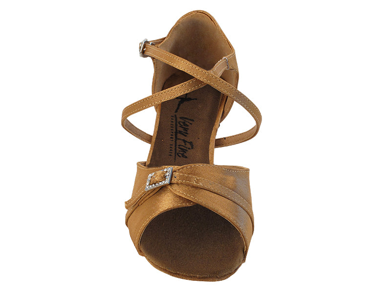 Very Fine 1637LEDSS Brown Satin Latin Shoe with 2.5" Heel, Front Buckle Strap, and Double Cross Strap
