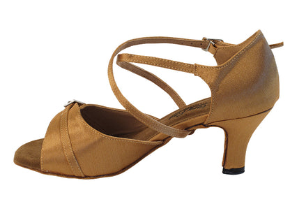 Very Fine 1637LEDSS Brown Satin Latin Shoe with 2.5 Inch Heel, Front Buckle Strap, and Double Cross Strap