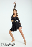 Sirius Practice Dance Wear Black Wrap Latin Crop Top with Fishnet on Long Sleeves and Cold Shoulder Detail Pra858 In Stock