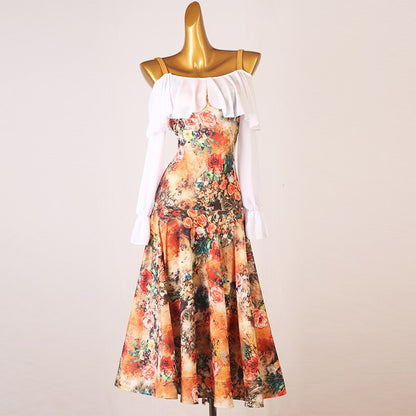 Warm Floral Rose Print Ballroom Practice Dress with Loose White Chiffon Collar and Long Sleeves PRA 839 in Stock