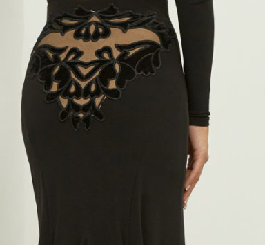 Long Black Ballroom Practice Skirt with Asymmetrical Flared Hem and Velour Décor on Back PRA 886 in Stock