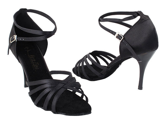 Very Fine 2613LEDSS Black Satin Latin Shoe with 3.5 Inch Stiletto Black Plated Heel and Woven Toe Straps